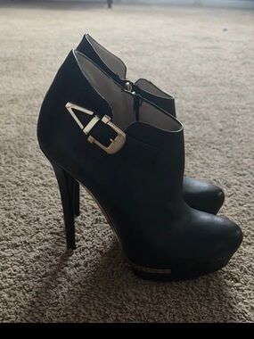 Women's Black High Heel Ankle Boots with Decorative Buckle